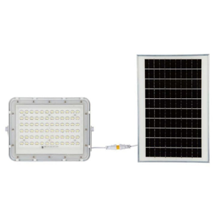 Proiector LED cu incarcare solara, 15W, 1200lm, lumina rece, 6400K, telecomanda, maner de transport, gri