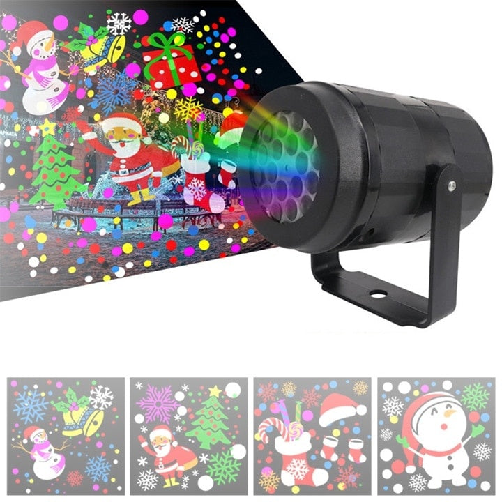 Proiector LED pentru Craciun, cu 16 jocuri de lumini si figurine, rezistent la apa si inghet, alimentare la retea, din ABS si metal, negru