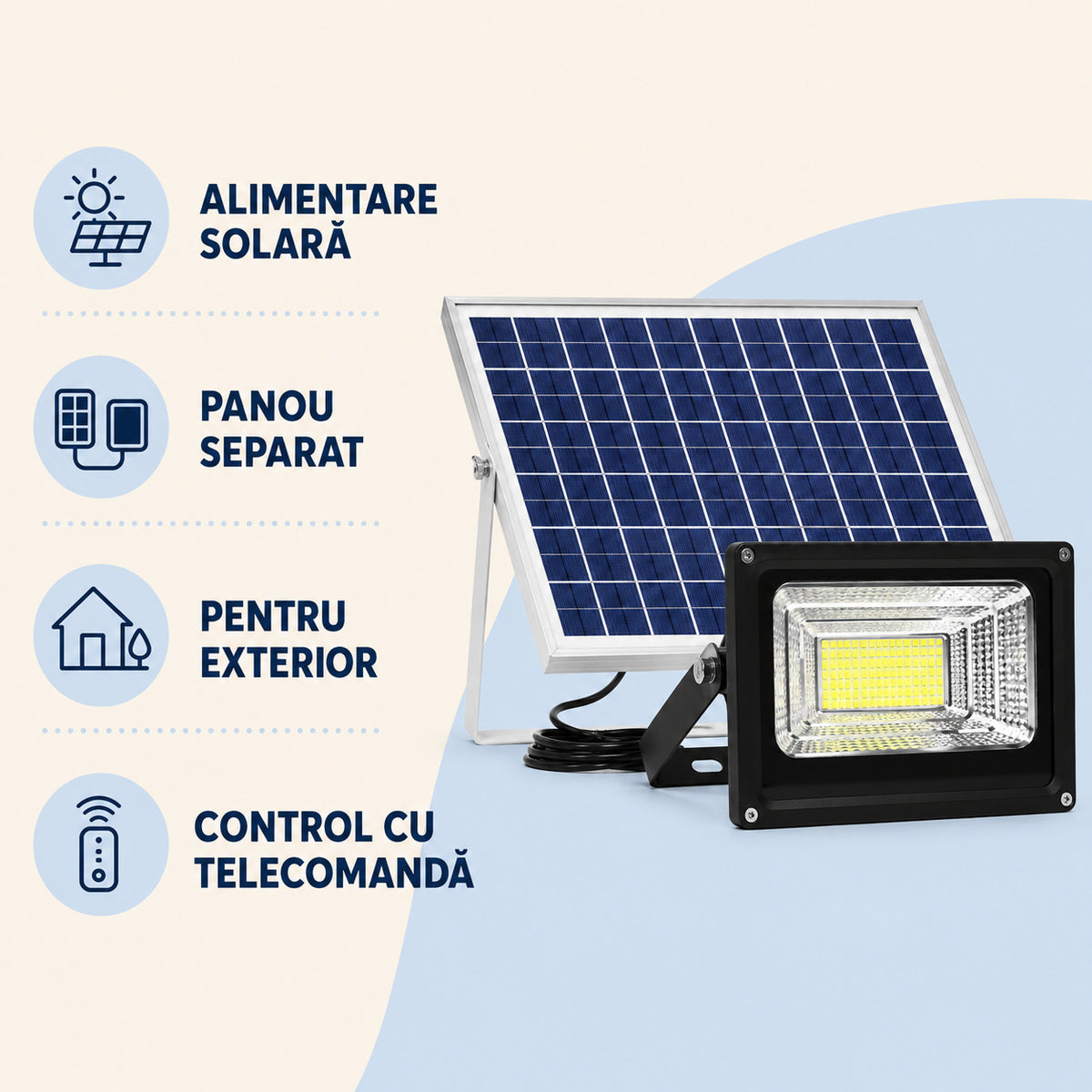 Proiector LED Solar pentru Exterior cu Panou Separat și Telecomandă, Negru – caracteristici