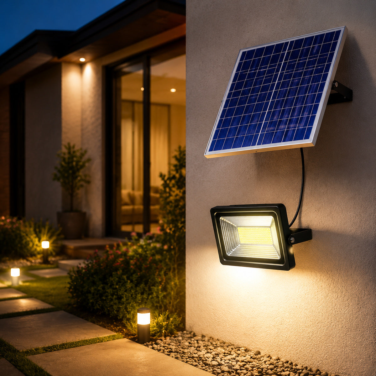 Proiector LED Solar Putere Mare cu Panou Separat și Telecomandă, Negru – imagine comercială