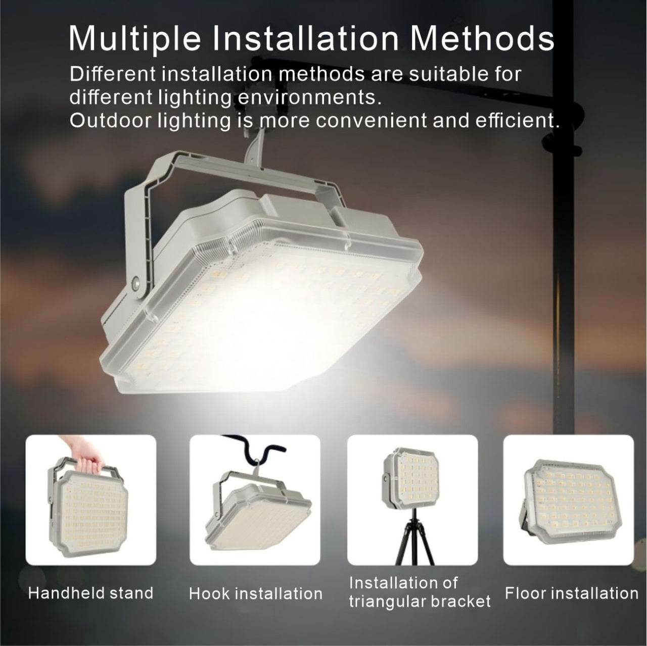 Proiector lumina solar, portabil, cu maner de transport/agatare, iluminat LED, IP65, 3 tonuri de lumina, gri