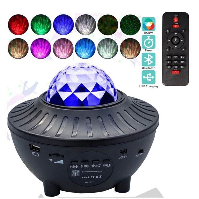 Proiector lumini LED Galaxie stele multicolore, FOXMAG24®, cu telecomanda, port USB si bluetooth pentru muzica, Negru