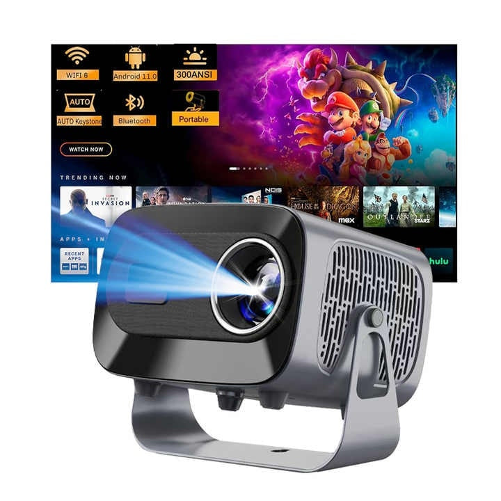 Proiector Portabil HD 4K – Focalizare Automata, Corectie Keystone, Suport Rotativ 180°, Wi-Fi, 1280x720P, 200 ANSI, Telecomanda, Multimedia/ Netflix, Youtube, hbo spotify/ Home Cinema & Exterior