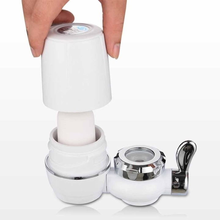 Purificator pentru apa, cu robinet si filtru, atasabil pe chiuveta, din metal si plastic, alb