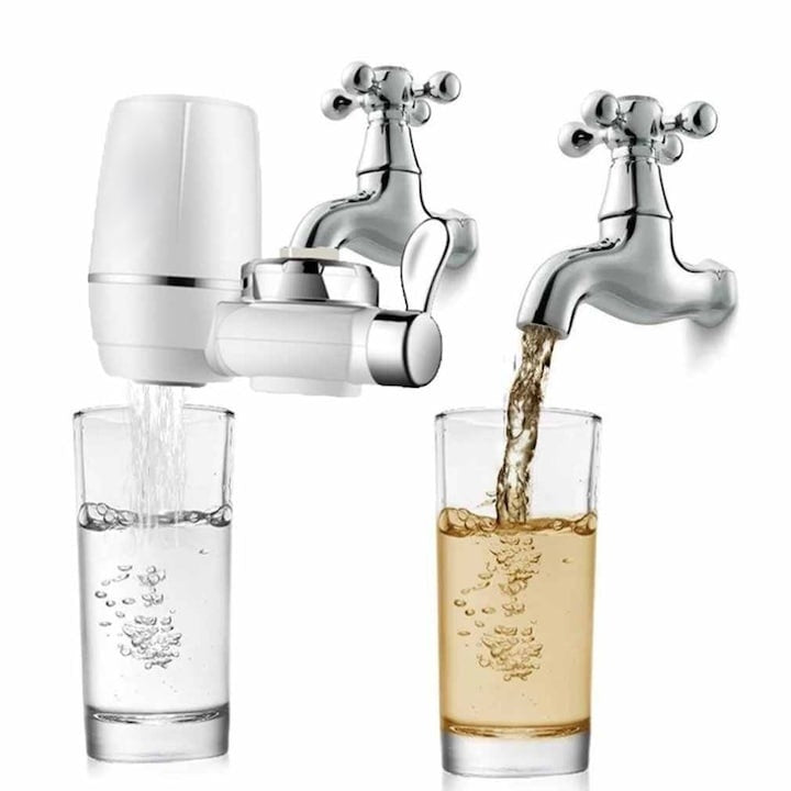 Purificator pentru apa, cu robinet si filtru, atasabil pe chiuveta, din metal si plastic, alb