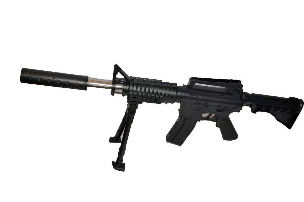 Pusca de jucarie, cu stand de sprijin, din metal si plastic, maner frontal și extensie teava, negru