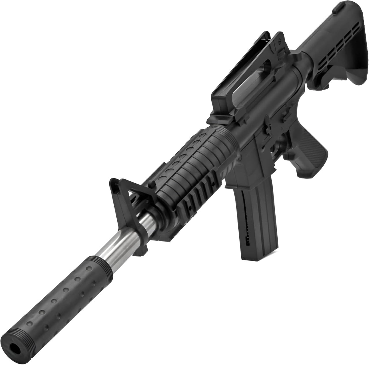 Pusca de jucarie, cu stand de sprijin, din metal si plastic, maner frontal și extensie teava, negru