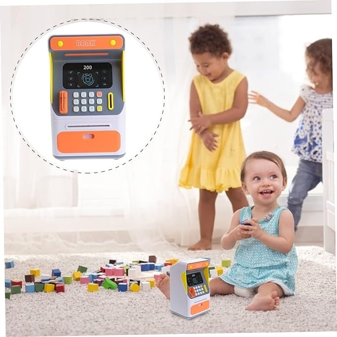 Pusculita ATM pentru copii, cu functie de sunet si lumini, cu card de credit din plastic inclus, cu senzor de miscare, alb