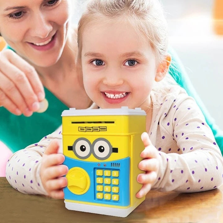 Pusculita interactiva pentru copii, cu functie ATM, cu cod pin, functionare cu baterii, galben/albastru