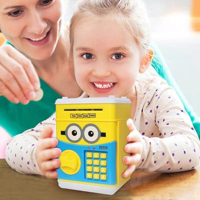Pusculita interactiva pentru copii, cu functie ATM, cu cod pin, functionare cu baterii, galben/albastru