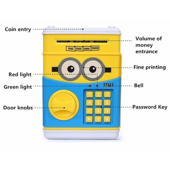 Pusculita interactiva pentru copii, cu functie ATM, cu cod pin, functionare cu baterii, galben/albastru