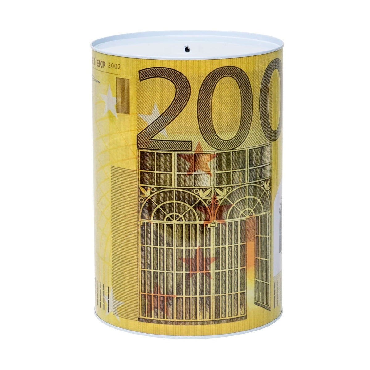 Pusculita metalica cu bancnota 200 euro, dimensiuni 22x15 cm