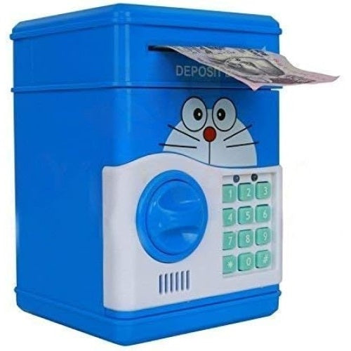 Pusculita pentru copii, pisicuta, cu functie ATM, cod pin si seif, albastru