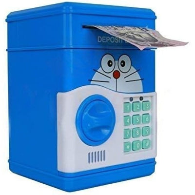 Pusculita pentru copii, pisicuta, cu functie ATM, cod pin si seif, albastru