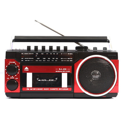 Radio casetofon portabil, cu caseta si Bluetooth, cu funcție de înregistrare si derulare, mufa casti, rosu/negru