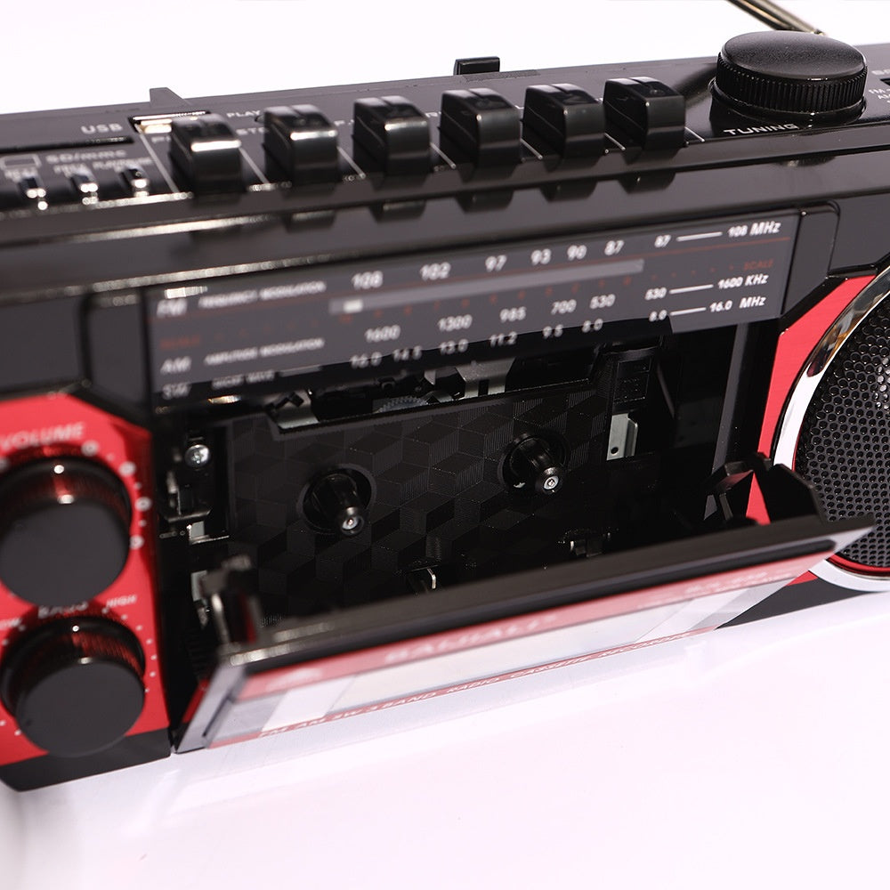 Radio casetofon portabil, cu caseta si Bluetooth, cu funcție de înregistrare si derulare, mufa casti, rosu/negru
