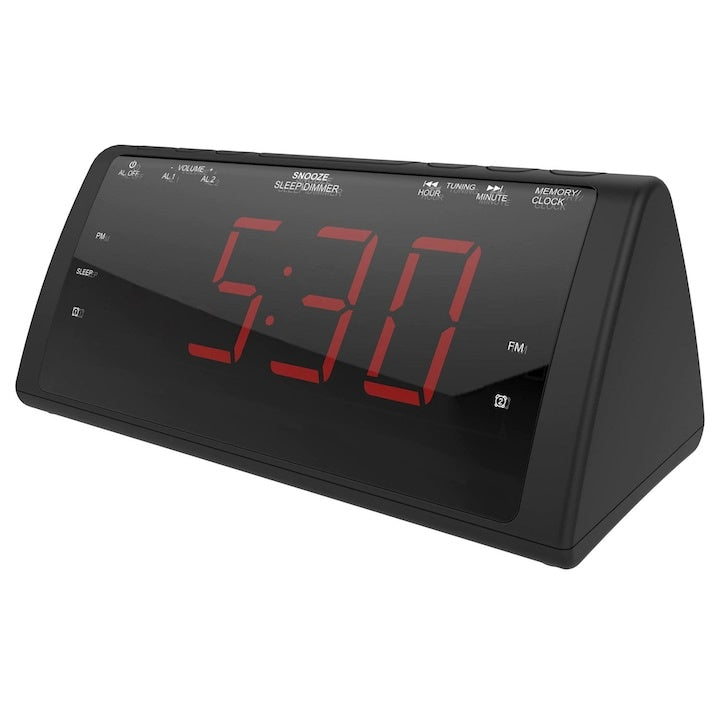Radio cu ceas, ecran LED rosu, radio FM, 1 USB, 5v, 1A, alarma dual, afisaj mare, negru