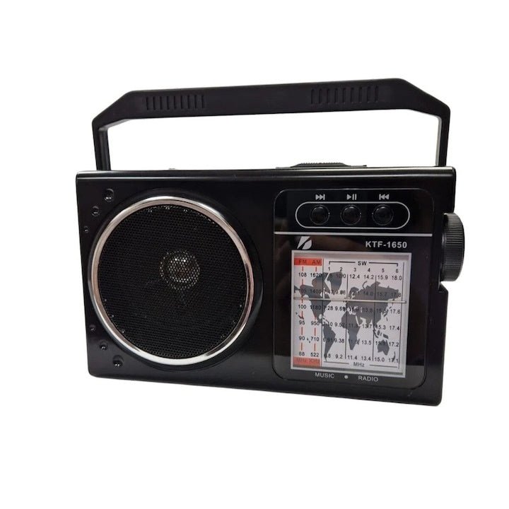 Radio cu incarcare solara, functie AM/FM/SW 1-6, USB/TF, CARD/BT, lampa laterala LED, conexiune Bluetooth, antena telescopica, negru