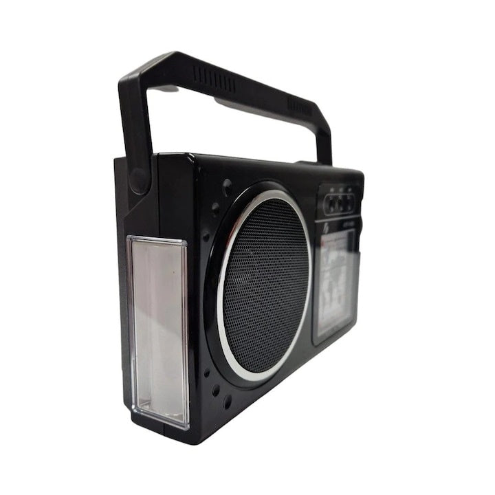 Radio cu incarcare solara, functie AM/FM/SW 1-6, USB/TF, CARD/BT, lampa laterala LED, conexiune Bluetooth, antena telescopica, negru