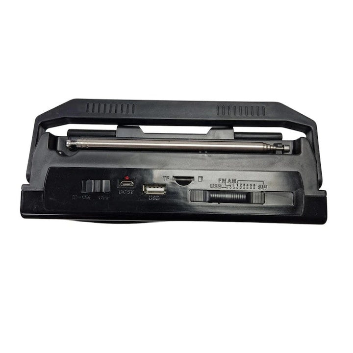 Radio cu incarcare solara, functie AM/FM/SW 1-6, USB/TF, CARD/BT, lampa laterala LED, conexiune Bluetooth, antena telescopica, negru