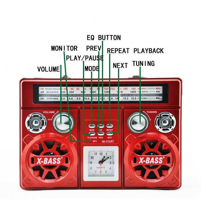 Radio portabil, Bluetooth, AM/FM, conectivitate USB, Retro, card de memorie, rosu