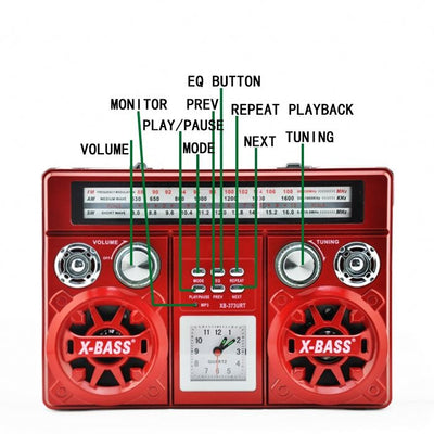 Radio portabil, Bluetooth, AM/FM, conectivitate USB, Retro, card de memorie, rosu