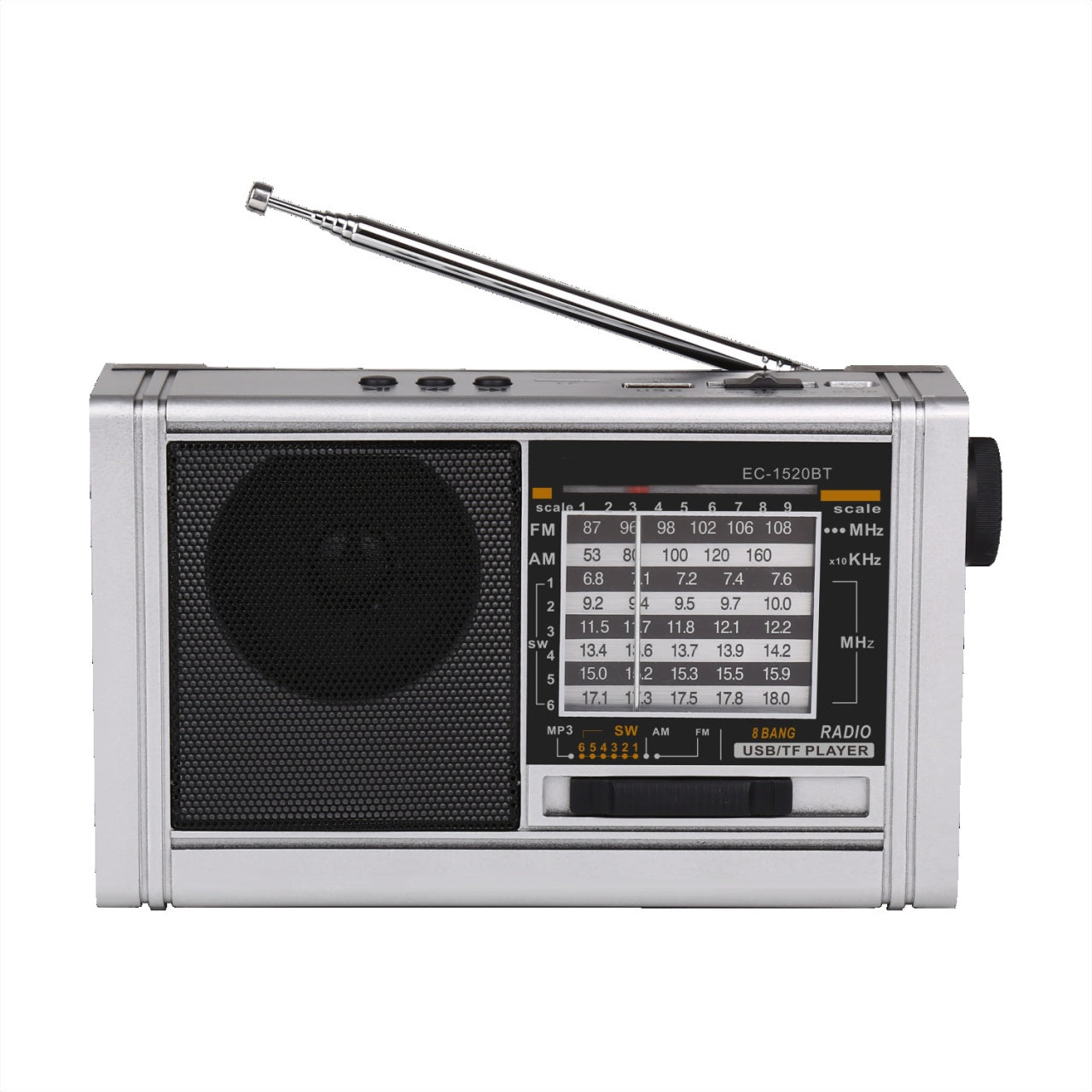 Radio portabil cu acumulator, antena telescopica, conexiune Bluetooth, lanterna cu LED, incarcare solara, argintiu