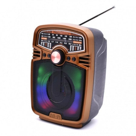 Radio portabil cu bluetooth si acumulator, MP3, USB, TF, FM, AM, SW, LED, lumini RGB, maro