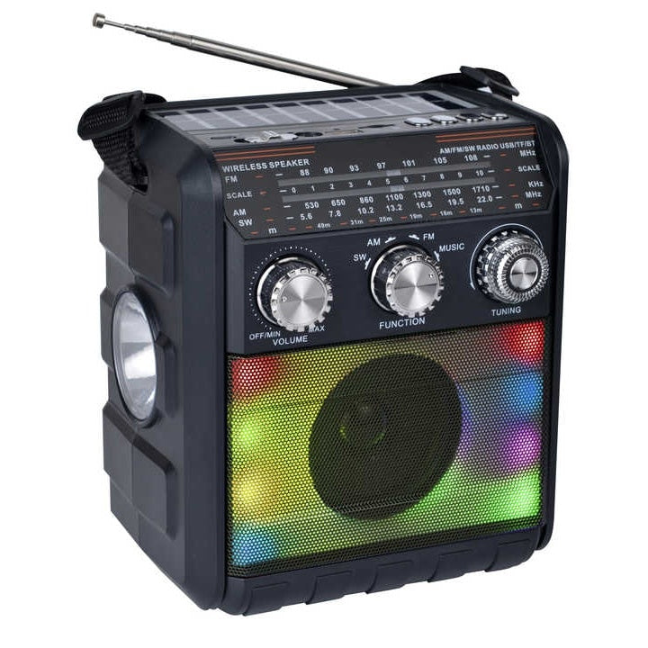 Radio portabil, cu lanterna, incarcare solara si baterii, fara fir, cu jocuri de lumini, putere 5W, conectivitate AUX, USB, AM/FM/SW cu 3 benzi, panou solar, negru