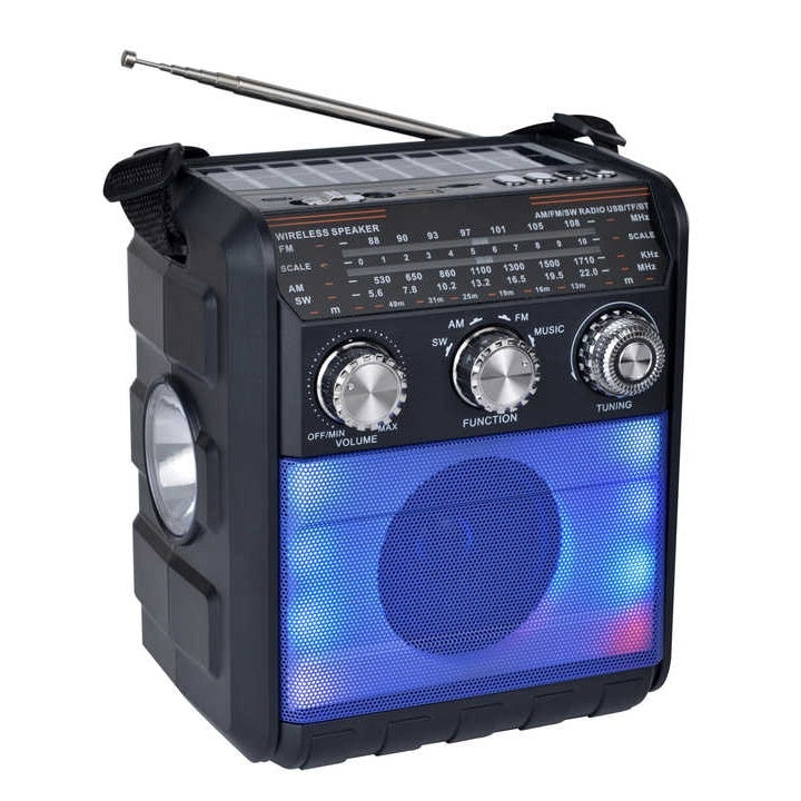 Radio portabil, cu lanterna, incarcare solara si baterii, fara fir, cu jocuri de lumini, putere 5W, conectivitate AUX, USB, AM/FM/SW cu 3 benzi, panou solar, negru