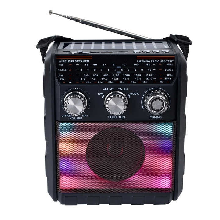 Radio portabil, cu lanterna, incarcare solara si baterii, fara fir, cu jocuri de lumini, putere 5W, conectivitate AUX, USB, AM/FM/SW cu 3 benzi, panou solar, negru