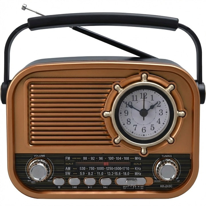 Radio portabil cu player MP3 USB si TF, cu 3 benzi, functie ceas, incarcare Type-C, baterie reincarcabila incorporata, maro
