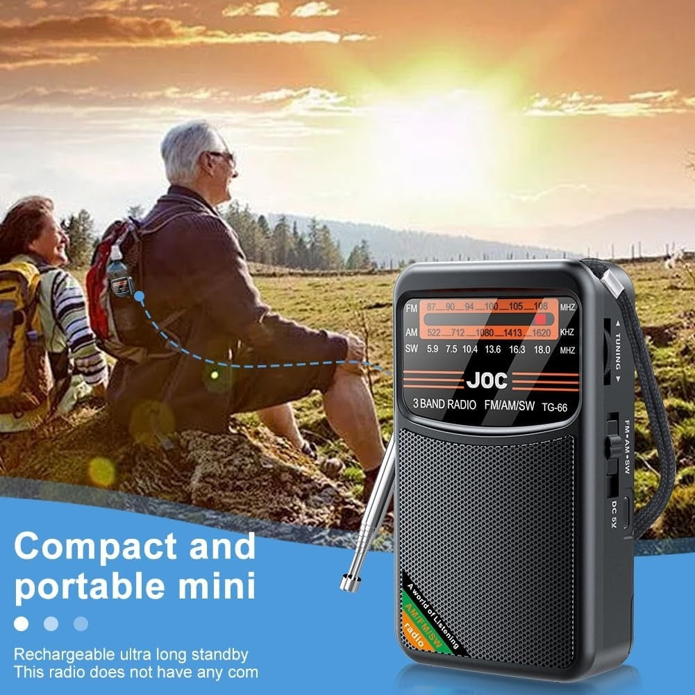 Radio portabil, difuzor incorporat, reincarcabil tip C, cu antena, dimensiuni reduse, baterie reincarcabila de 1000 mAh, negru