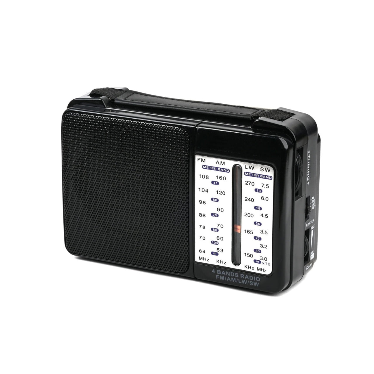 Radio portabil, FM/AM/LW/SW, control volum, curea de transport, 4 benzi, antena telescopica, din plastic, cu baterii sau cablu, negru