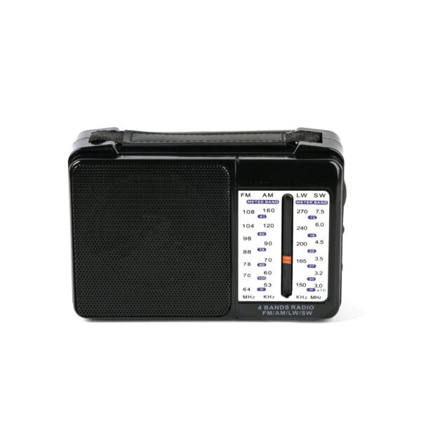 Radio portabil, FM/AM/LW/SW, control volum, curea de transport, 4 benzi, antena telescopica, din plastic, cu baterii sau cablu, negru