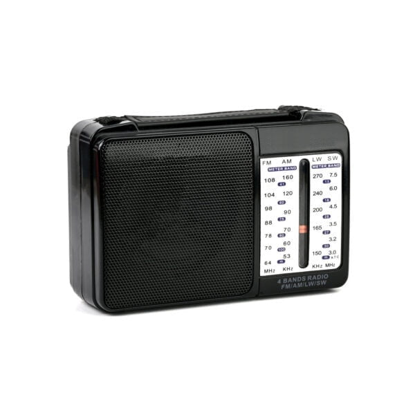 Radio portabil, FM/AM/LW/SW, control volum, curea de transport, 4 benzi, antena telescopica, din plastic, cu baterii sau cablu, negru