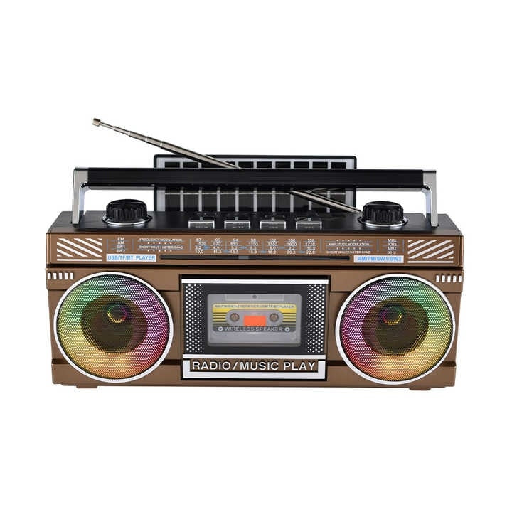 Radio retro, cu incarcare solara, conexiune bluetooth, putere 10W, AUX, FM, AM, SW, TF, lumini led RGB, portabil, maro/negru