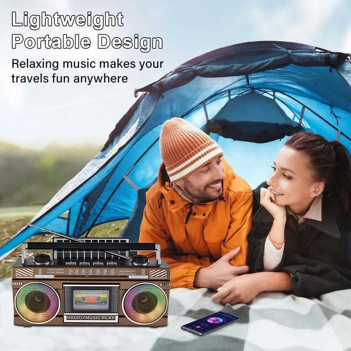 Radio retro, cu incarcare solara, conexiune bluetooth, putere 10W, AUX, FM, AM, SW, TF, lumini led RGB, portabil, maro/negru