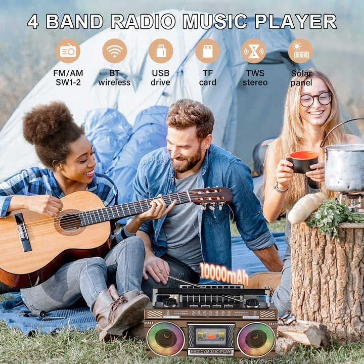 Radio retro, cu incarcare solara, conexiune bluetooth, putere 10W, AUX, FM, AM, SW, TF, lumini led RGB, portabil, maro/negru