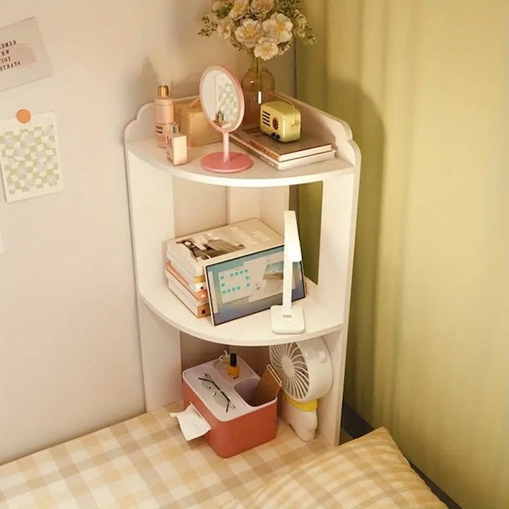 Raft de colt, multifunctional, pentru birou, baie, cu 2 etajere, dimensiuni 60x24x24cm, din MDF, alb