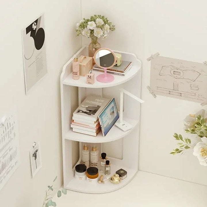 Raft de colt, multifunctional, pentru birou, baie, cu 2 etajere, dimensiuni 60x24x24cm, din MDF, alb