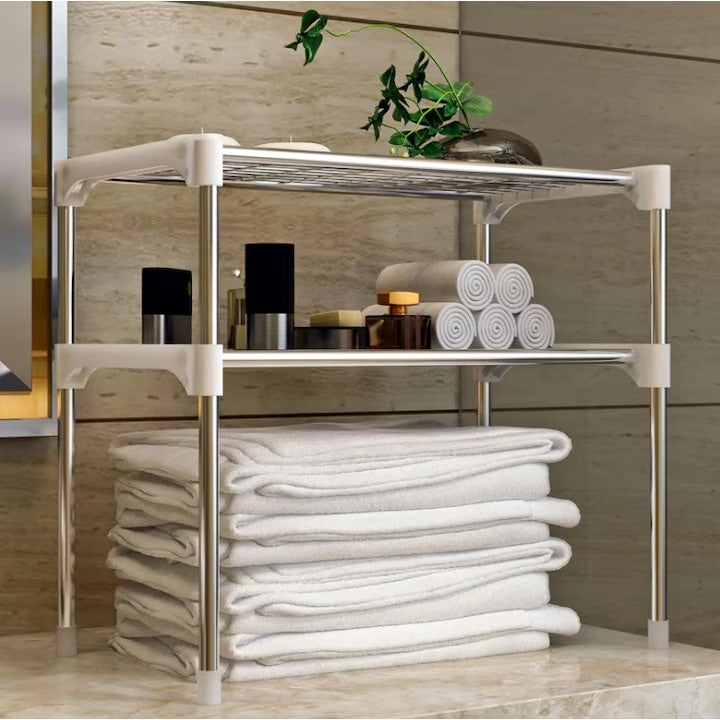 Raft extensibil, multifunctional, pentru bucatarie, baie, dormitor, din metal si plastic, eco-friendly, instalare usoara, alb/argintiu