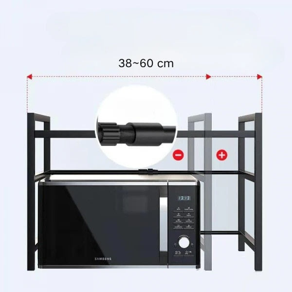 Raft extensibil pentru bucatarie, din metal, dimensiuni 38-60 cm (L) / 25 cm (H), cu suporturi antiderapante, usor de curatat, greutate maxima suportata 7-10 kg, negru