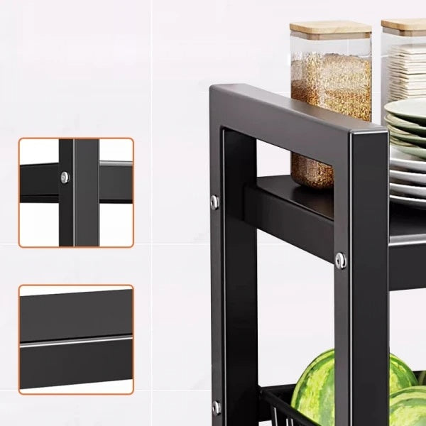 Raft metalic cu 4 polite si 3 cosuri pentru depozitare, portabil, capacitate mare de depozitare, dimensiuni 90 (L) x 32 (l) x 108 (H) cm, 4 rotite rotative 360°, negru