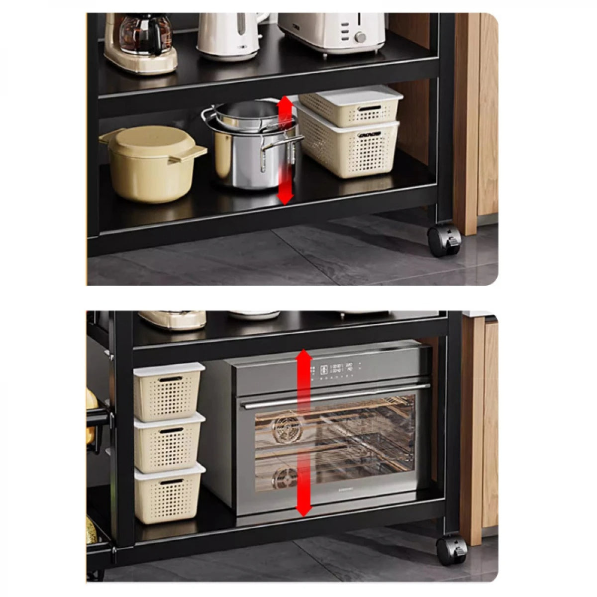 Raft metalic cu 4 polite si 3 cosuri pentru depozitare, portabil, dimensiuni 90 (L) x 32 (l) x 108 (H) cm, negru