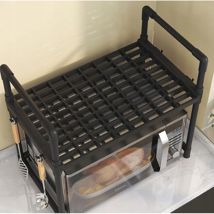 Raft pentru cuptor cu microunde, multifunctional, extensibil, din PVC, dimensiuni 49 x 48 x 32 cm, negru