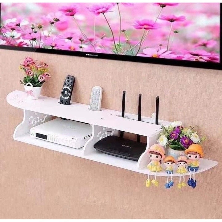 Raft pentru router, obiecte decorative, din materiale durabile, cu 3 compartimente, dimensiuni 100X23 cm, alb
