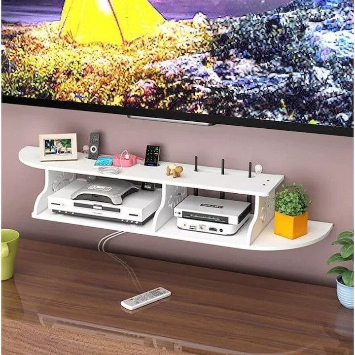 Raft pentru router, obiecte decorative, din PVC, cu 3 compartimente, dimensiuni 100 X 23 cm, finisaj mat, alb