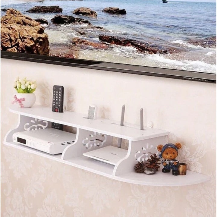Raft pentru router, obiecte decorative, din PVC, cu 3 compartimente, dimensiuni 100 X 23 cm, finisaj mat, alb