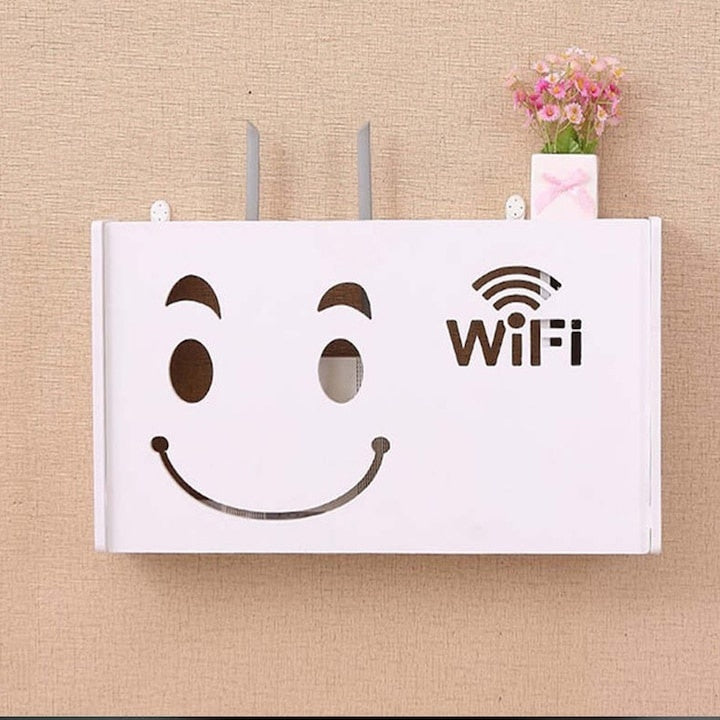 Raft pentru router wi-fi, cu prindere pe perete, din lemn, pentru mascare echipamente si fire, lungime 25 cm, alb